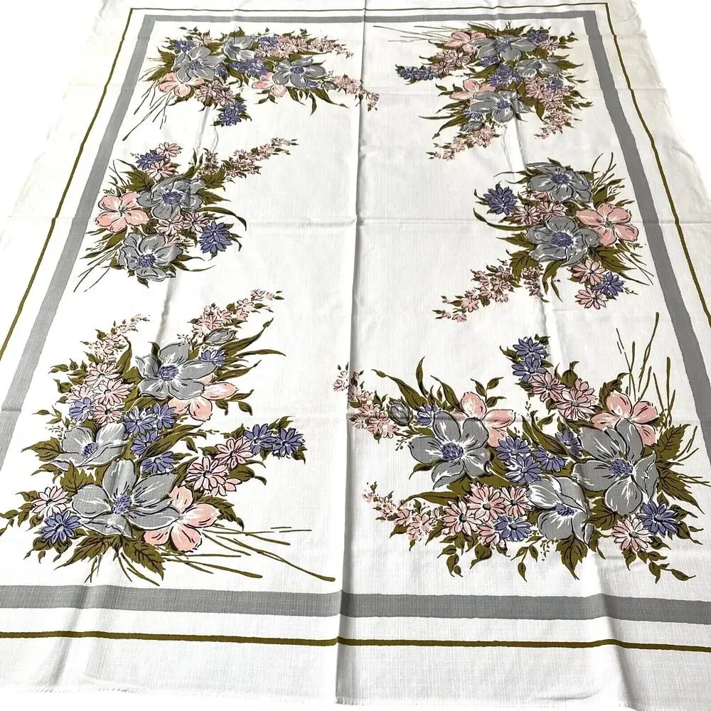 Vintage Simtex USA tablecloth retro pink purple gray sage floral rectangle cloth